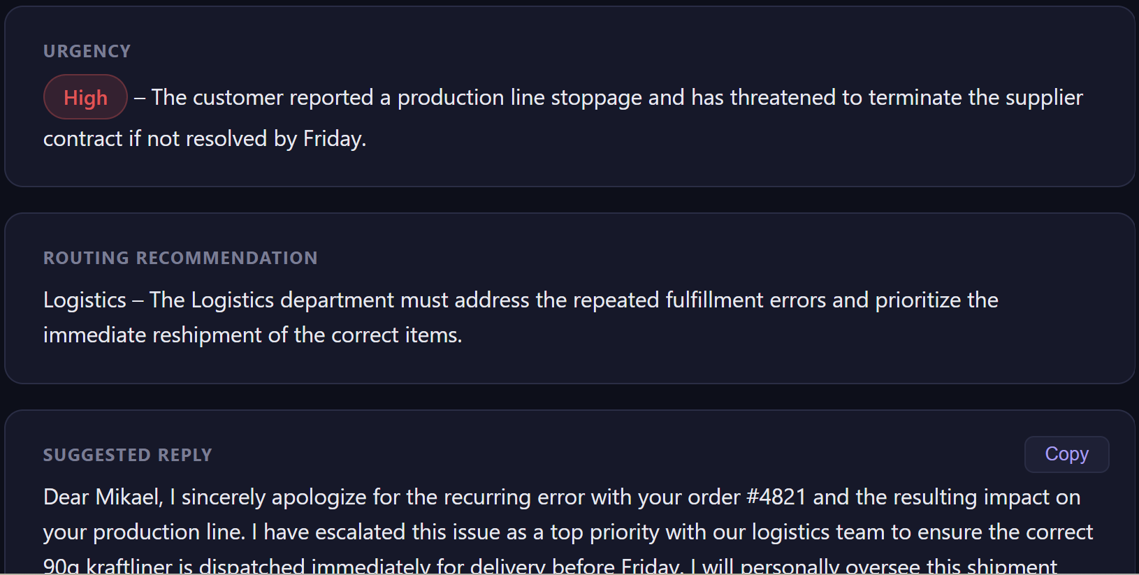 Email triage result